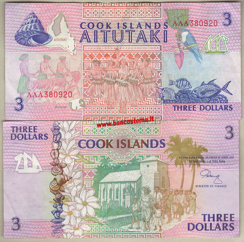 Cook Islands P7a 3 Dollars nd 1992 vf