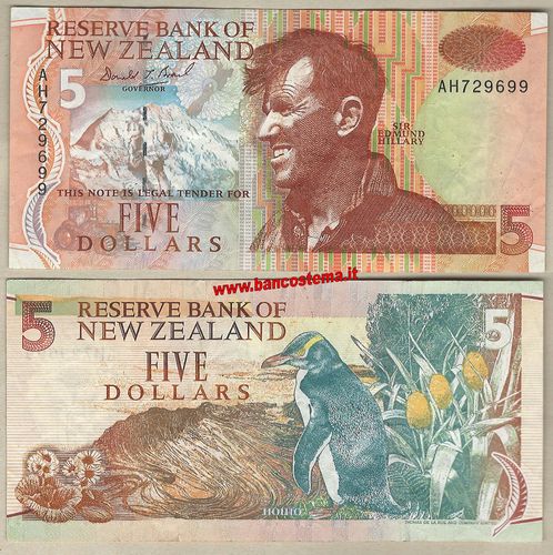 New Zealand P185a 5 Dollars 1999 vf