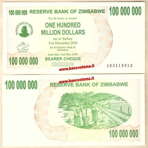 Zimbabwe P58 100.000.000 Dollars 02.05.2008 redemption date 30.06.2008 unc