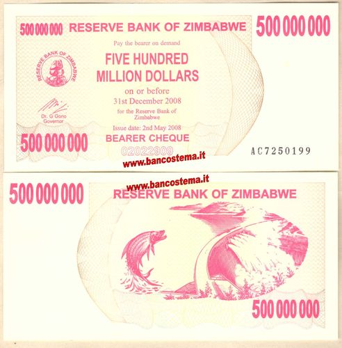 Zimbabwe P60 500.000.000 Dollars 02.05.2008 redemption date 30.06.2008 unc