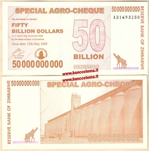 Zimbabwe P63 50.000.000.000 Dollars 15.05.2008 redemption date 31.12.2008 unc
