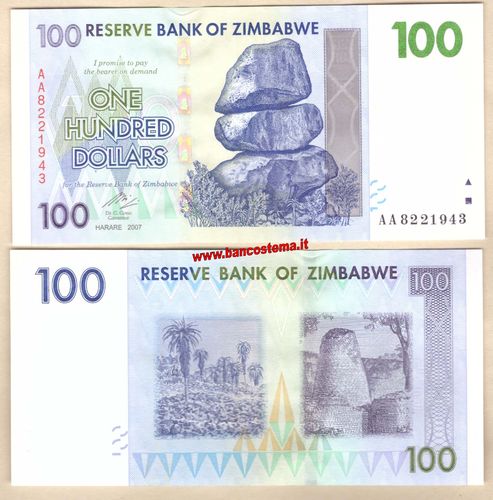 Zimbabwe P69 100 Dollars 2007 SERIE AA  unc