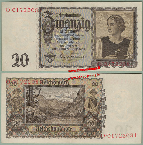 GERMANY - Reichsbank P185 20 Reichsmark 16.06.1939 ef/au