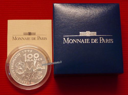 France KM# 1116.2 100 francs 8 Mai 1945 argento .900 proof