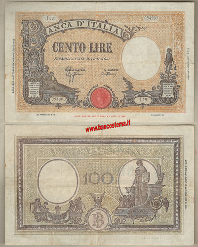 Italia A375 P67a - 100 Lire "100 lire Grande B"  08/10/1943 bb/spl - Repubblica Sociale