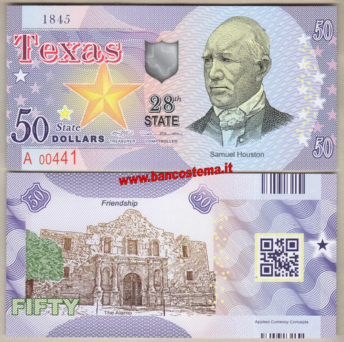 Usa 50 dollars - Texas 28th State  polymer unc