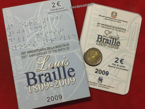 Italia 2 euro 2009 FDC commemorativo Louis Braille in folder