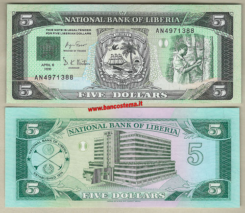 Liberia P20 5 dollars 6.04.1991 unc