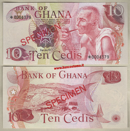 Ghana P16d Specimen S1 10 Cedis 02.01.1977 unc