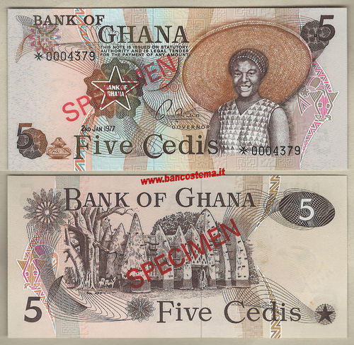 Ghana P15b SPECIMEN CS1 5 Cedis 04.07.1977 unc