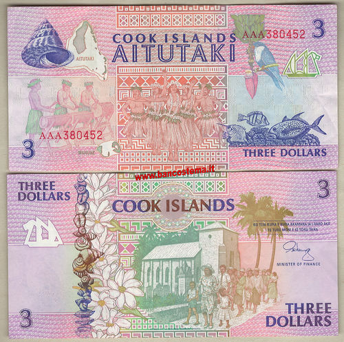 Cook Islands P7a 3 Dollars nd 1992 usato