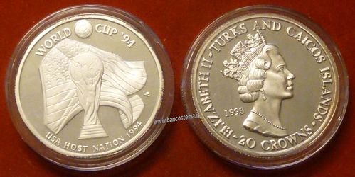 Turks and Caicos Islands 20 Crowns 1993 silver proof Usa Nazione ospitante 1994