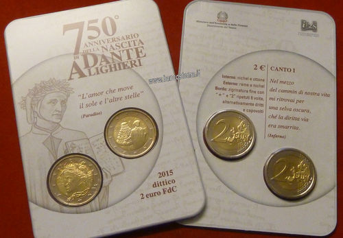 Italia 2 euro "750 anniversario Dante Alighieri" commemorativo in folder dittico 2015 fdc