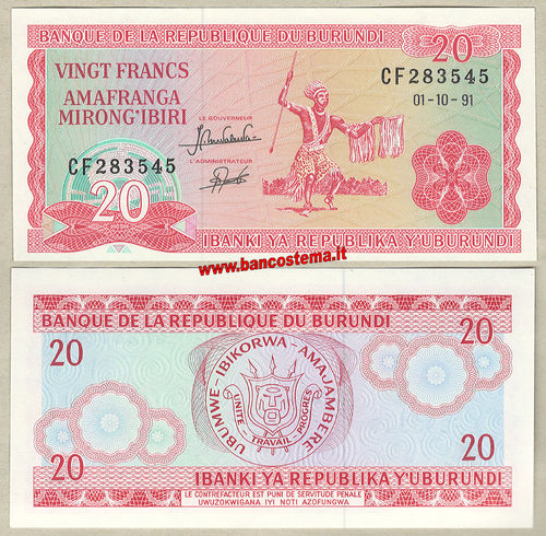 Burundi P27c 20 Francs 01.10.1991 unc