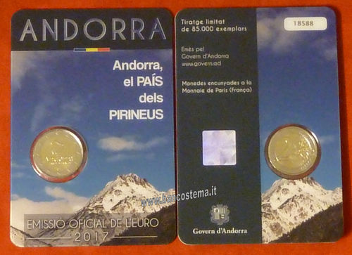 Andorra 2 euro commemorativo 2017 paese dei pirenei in folder fdc