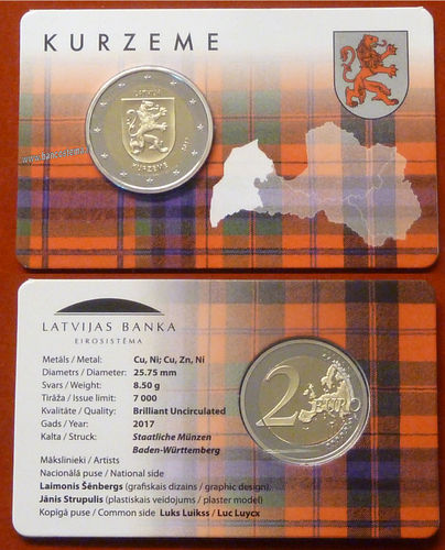 Lettonia 2 euro commemorativo "Kurzeme" 2017 bu coincard