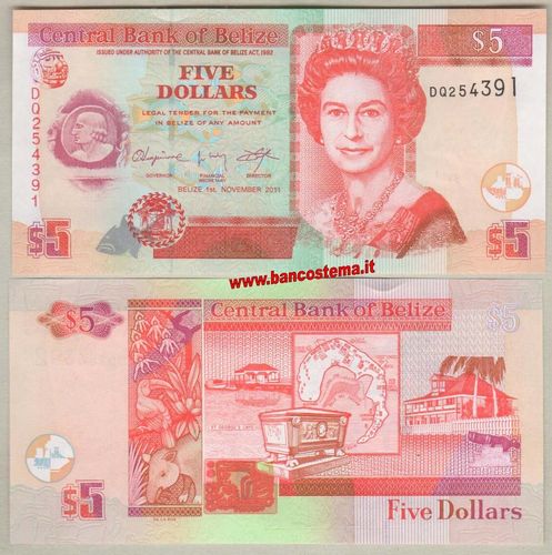 Belize P67e 5 Dollars 01.11.2011 unc