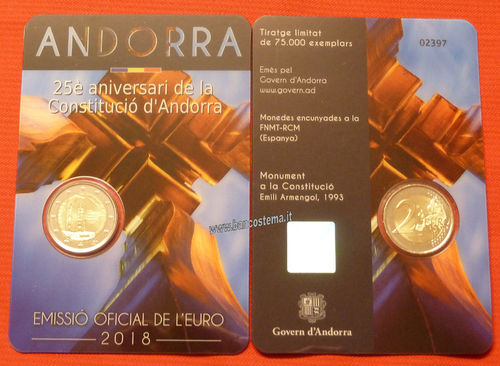 Andorra 2 euro commemorativo 2018 25°anniversario della costituzione di Andorra in folder fdc