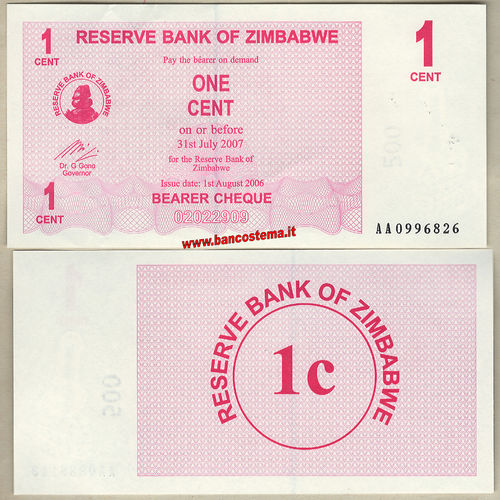 Zimbabwe P33 1 cent 01.08.2006 unc