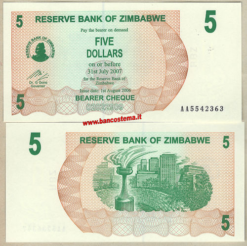 Zimbabwe P38 5 Dollars 01.08.2006 unc