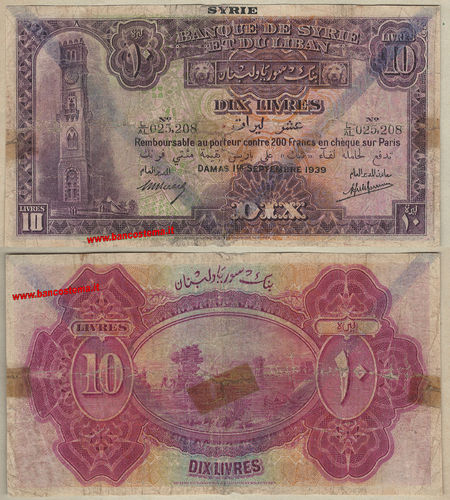 Syria P42d 10 Livres 01.09.1939 vg