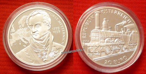 Austria 20 euro commemorativo 2003 Biedermeierzeit Fürst Metternich argento proof