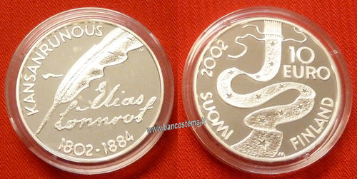 Finlandia 10 euro commemorativo 2002 "Elias Lönnrot KANSANRUNOUS" argento fdc