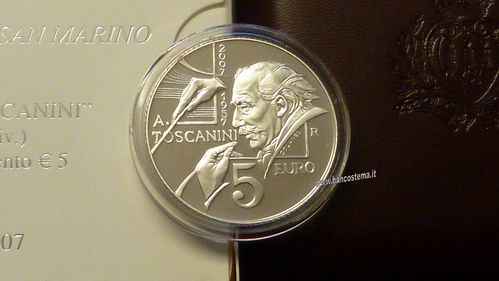 San Marino 5 euro commemorativo "50° anniversario della morte Arturo Toscanini" 2007 argento proof