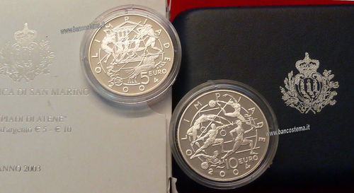 San Marino 5 +10 euro commemorativi dittico "olimpiadi di Athene 2004" 2003 argento proof