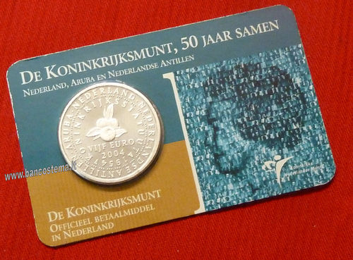 Olanda 5 euro 2004 commemorativa 50°anniversario indipendenza Antille Olandesi argento coincard unc