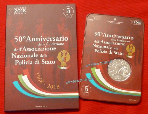 Italia 5 euro  "50° anniversario ass.Nazionale Polizia di Stato"  argento 2018 fdc