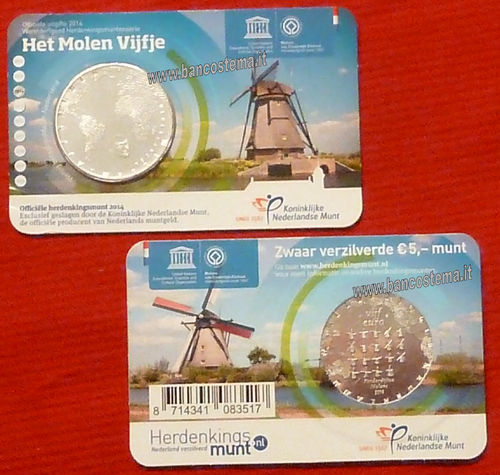 Olanda 5 euro commemorativa Mulini a vento Willem-Alexander Kinderdijk 2014 coincard unc