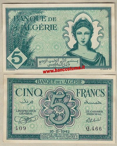 Algeria P91 5 Francs 16.11.1942 aunc