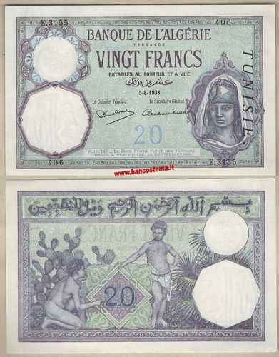 Tunisia P6b 20 Francs 05.08.1938 aUNC