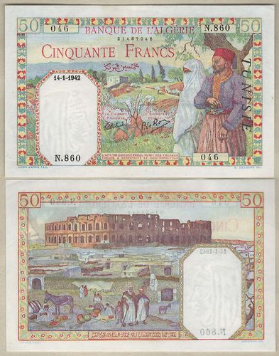 Tunisia P12a 50 Francs 14.01.1942 aunc