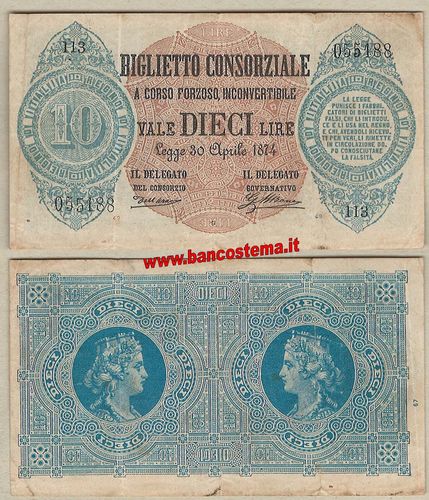 Italia biglietto consorziale P5 10 lire L.30.04.1874 vf