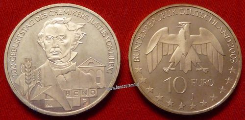 Germania 10 euro commemorativo 2003 "Justus von Liebig" argento fdc
