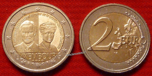 Lussemburgo 2 euro commem. 100º anniv. dell'ascesa al trono e del matrim.della Granduchessa 2019 FDC