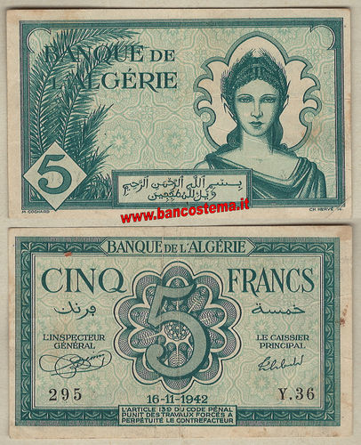 Algeria P91 5 Francs 16.11.1942  vf
