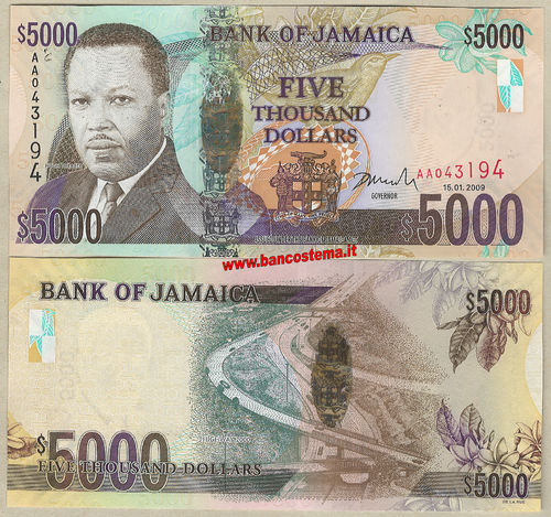 Jamaica P87a 5.000 dollars 15.01.2009 hybrid unc