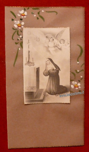 Santino Santa Teresa del Bambin Gesù con applicazione immagine dipinto a mano su pergamena