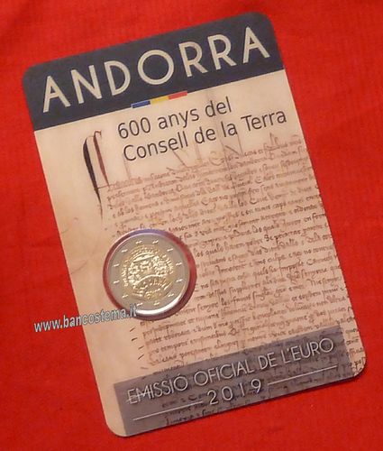 Andorra 2 euro commemorativo 2019 600° anni del consiglio della terra folder fdc