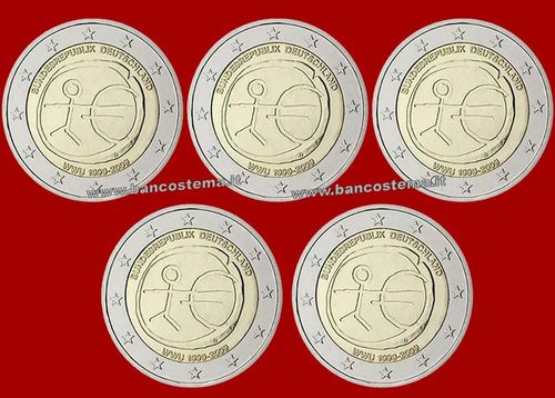 Germania 2 euro commemorativo 2009 10º anniversario dell'Unione Economica e Monetaria FDC 5 pz.