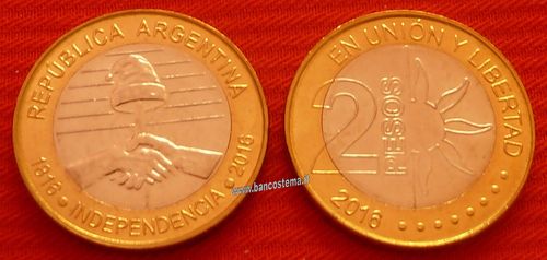 Argentina KM184 2 pesos commemorativo 200° anniversario dell'indipendenza 2016 fdc