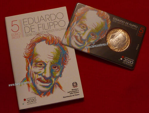 Italia 5 euro commemorativo Eduardo De Filippo 2020 coincard proof