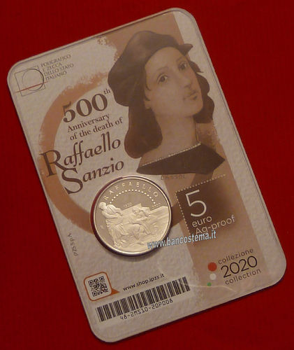 Italia 5 euro  "500° anniversario della morte di Raffaello Sanzio"  argento 2020 proof