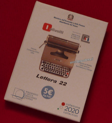 Italia 5 euro  "Olivetti-lettera 22"  argento 2020 BIANCA fdc