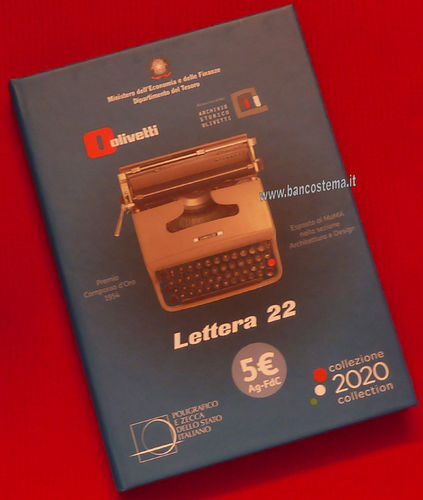 Italia 5 euro  "Olivetti-lettera 22"  argento 2020 trittico ROSSA-VERDE-BIANCA  fdc