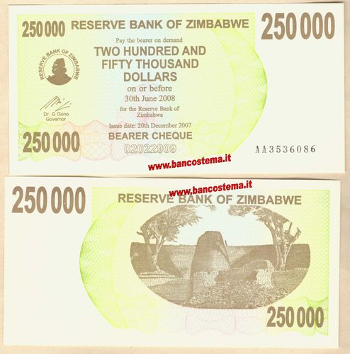 Zimbabwe P50 250.000 Dollars 20.12.2007 redemption date 30.06.2008 unc