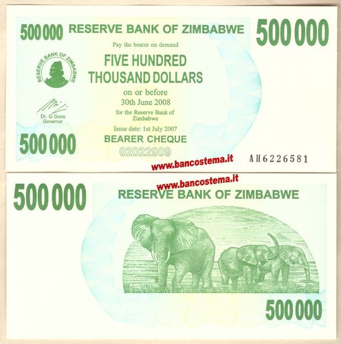 Zimbabwe P51 500.000 Dollars 30.06.2008 redemption date 01.0.2007 unc
